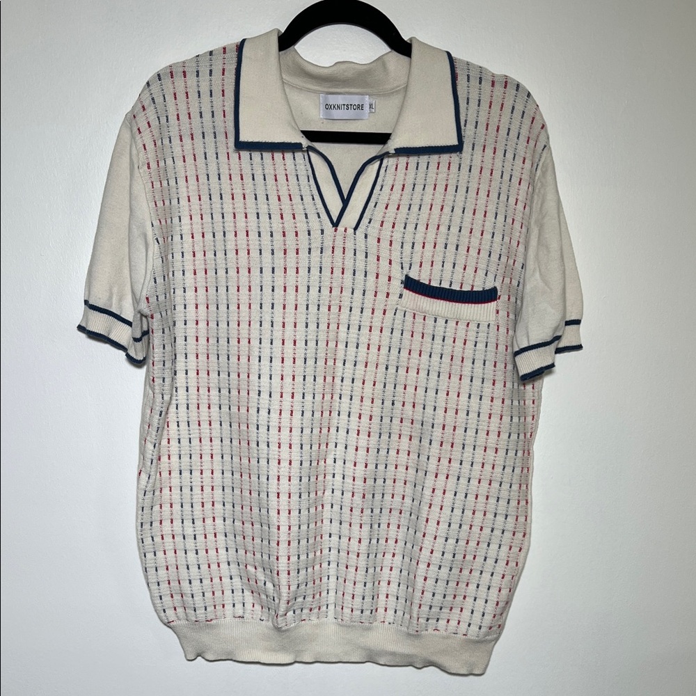 Vintage style OXKNITSTORE Cream Knit Polo with Navy & Red Trim